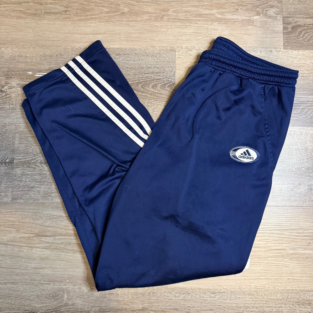Vintage Adidas Track Pants Navy Blue White 3 Stripe Joggers Mens Large Y2K